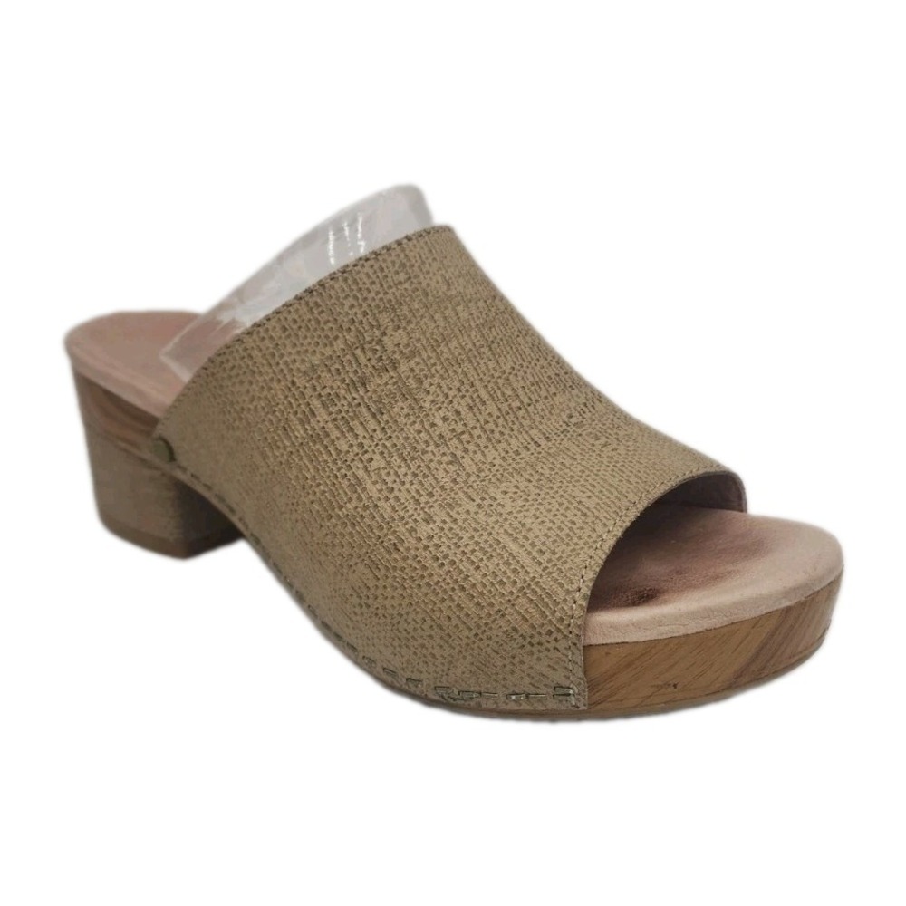Dansko Maci Taupe Textured Leather Slide Sandals Block Heel Clog Open Toe Sz 36